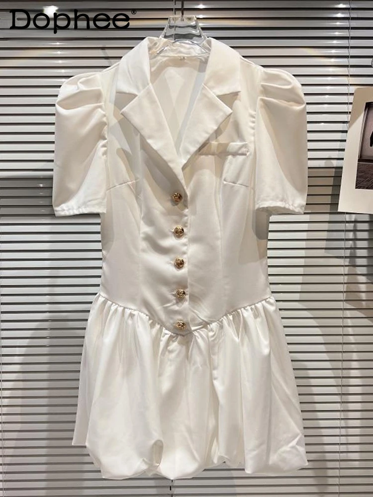 

Women Puff Sleeve Shoulder Pads Ruffles Above Knee Mini Dress New Lady Sexy Fashion Temperament Summer 2022