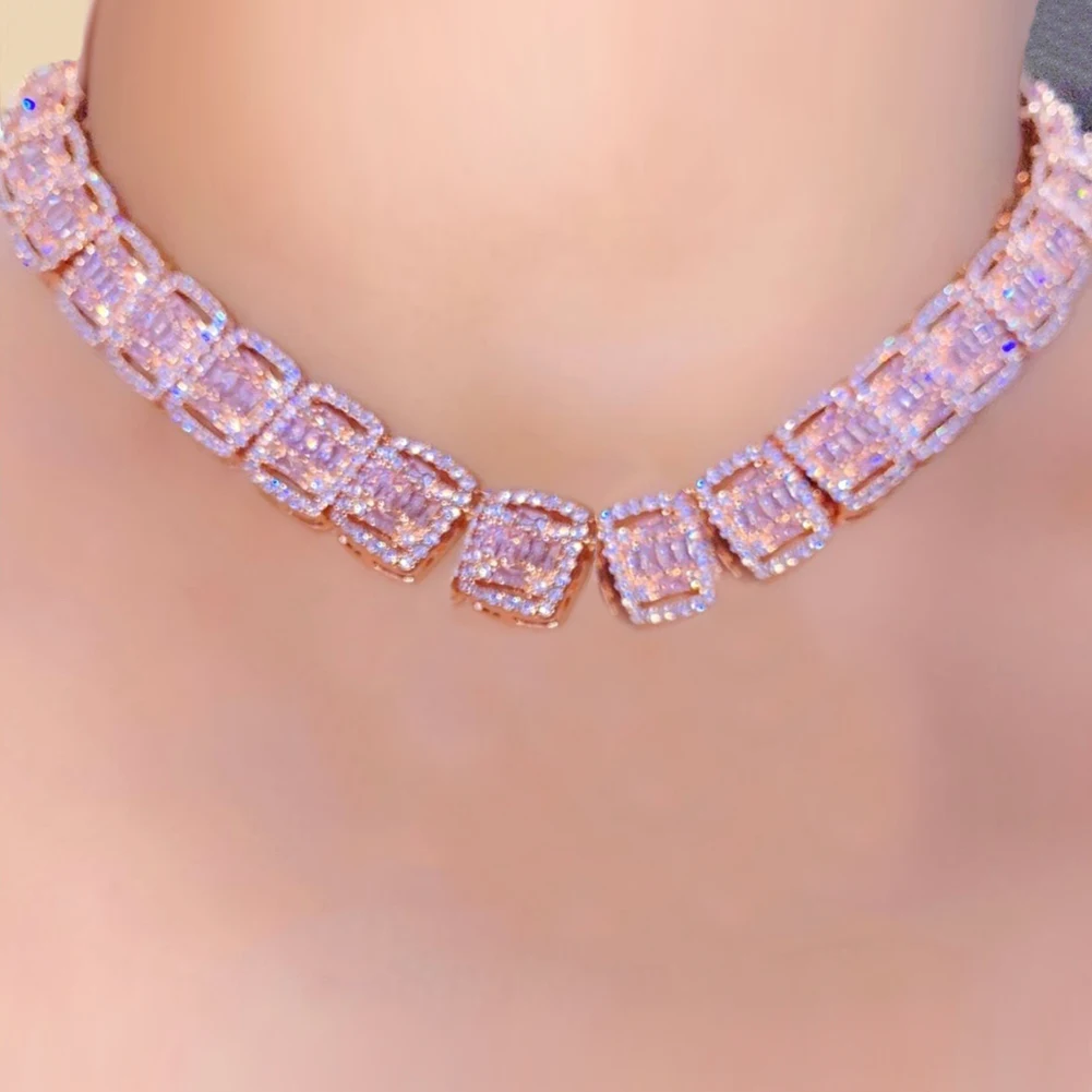 

Iced Out Pink Baguette Cuban Link Tennis Necklace For Women Bling 13MM Micro Pave Square Cuban Link Chain Necklace Punk Jewelry