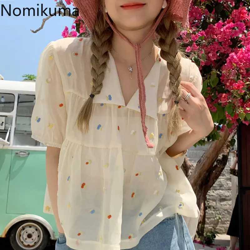 

Nomikuma Shirts for Women Summer Puff Sleeve Hollow Out Thin Loose Blouse Women Korean Sweet Kawaii Elegant Fashion Blusas Mujer