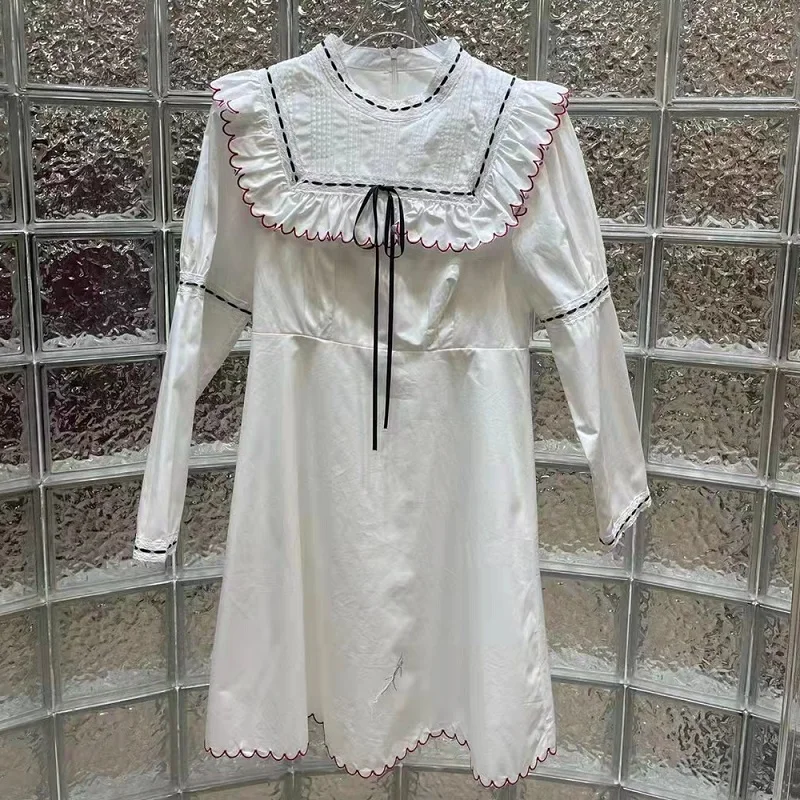 

100%Cotton Dress 2022 Spring Summer Style Ladies Color Block Stitching Ruffle Deco Long Sleeve Casual White Dress Sweet Cute