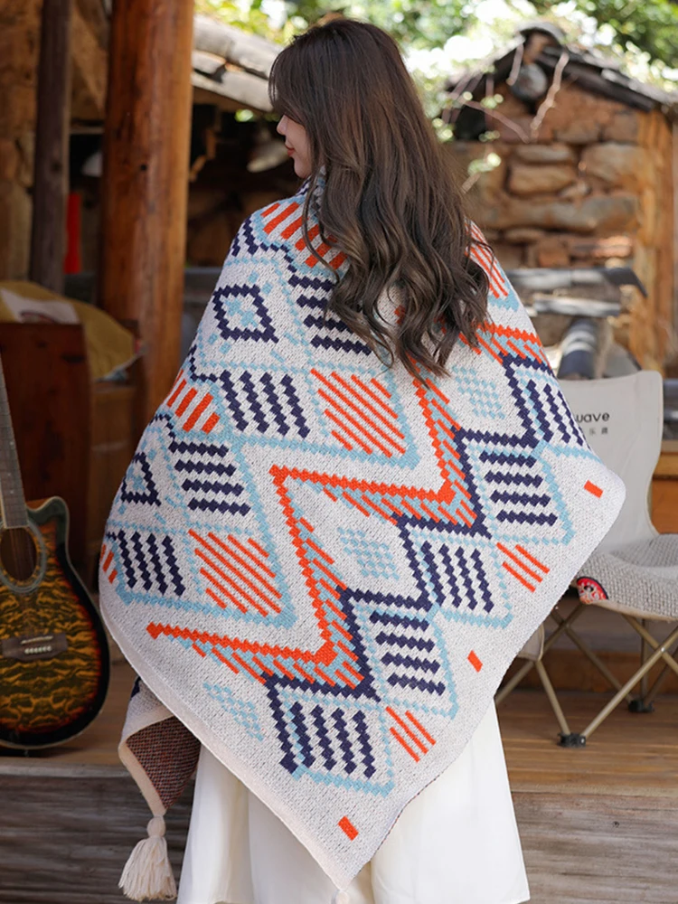 Новинка 2023 вязаный Элегантный женский шарф зимнее винтажное клетчатое пончо