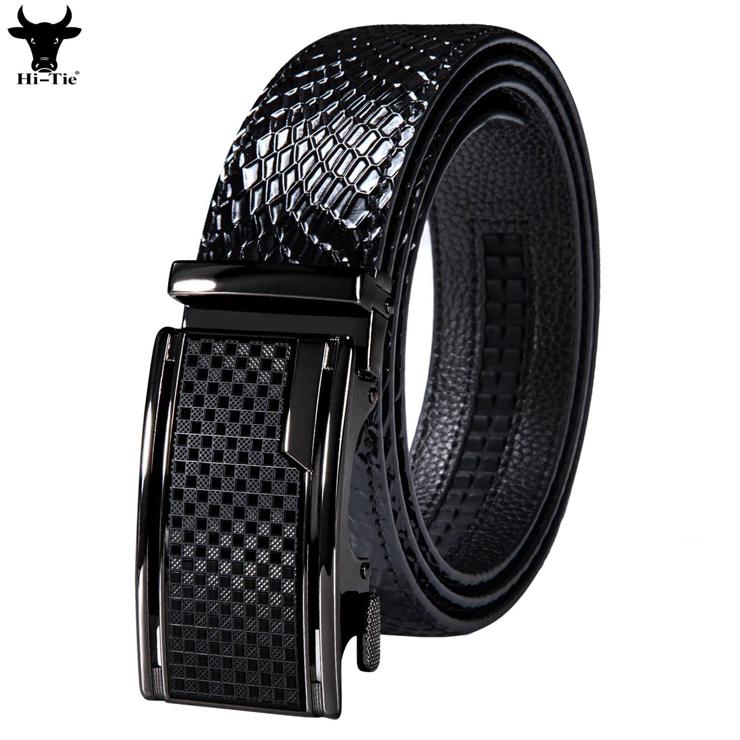 Automatic Buckles Mens Black Leather Belts Emboss Ratchet Strap Waistband Sliding Dress Jeans Belt for Men Wedding Business Gift