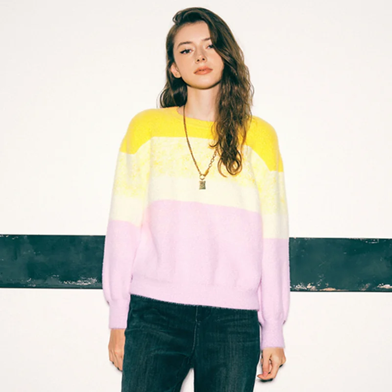 

Женский пуловер Lazy Oaf из искусственной норки, Свитера 2022, осенне-зимние свободные вязаные свитера в радужную полоску, женский джемпер