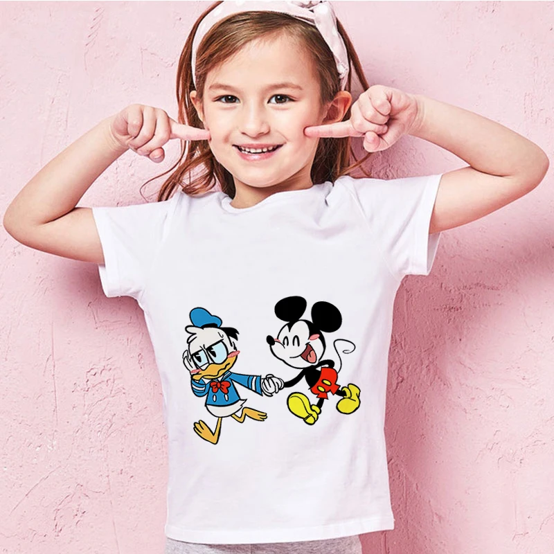 

2022 New Disney Summer Kawaii Anime Figure Mickey Mouse Minnie Mouse White/Pink Round Neck Print Top Beautiful Cute Kids Clothes