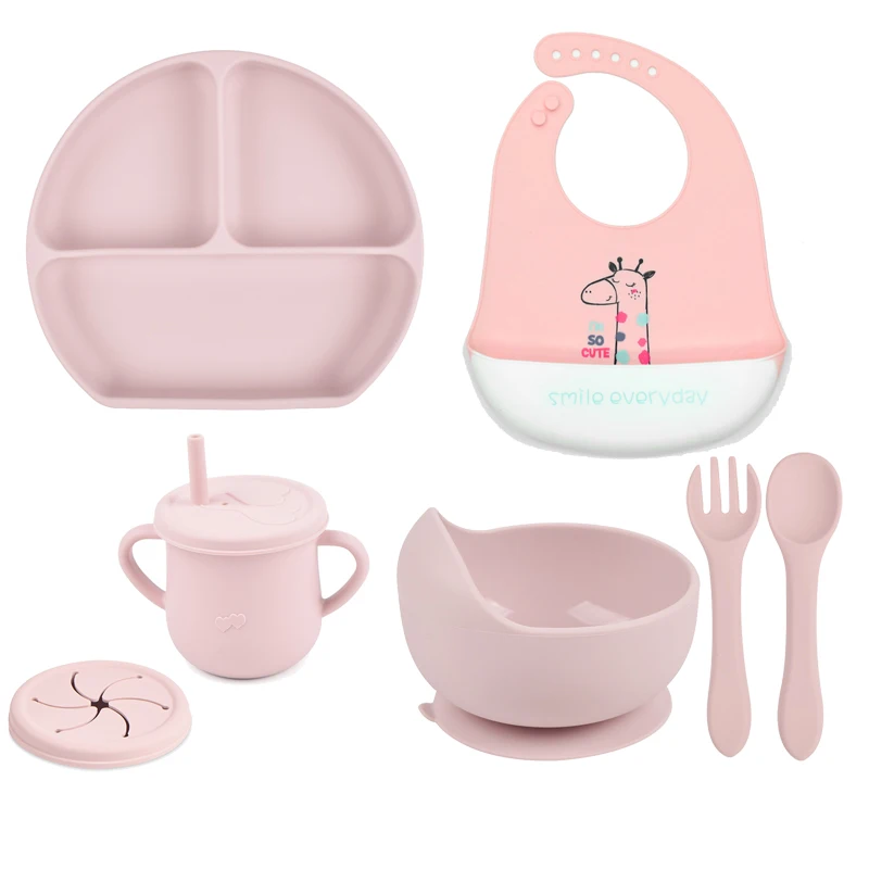 

7Pcs/set Baby Soft Silicone Tableware Sucker Bowl Plate Cup Bibs Spoon Fork Sets Non-slip Children's Feeding Dishes BPA Free