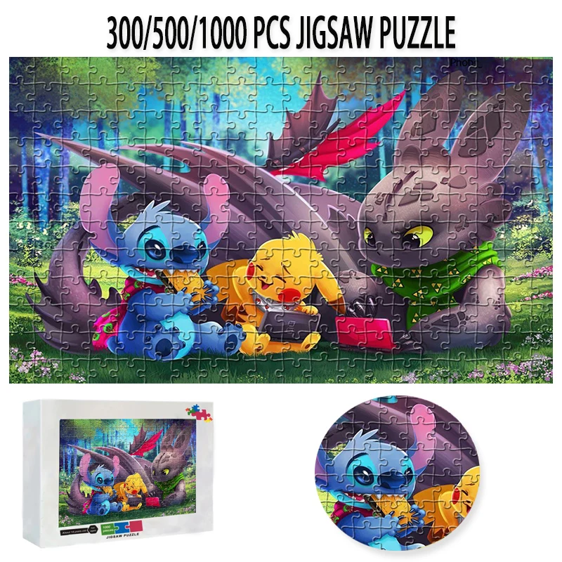 300/500/1000 Pcs Disney Cartoon Anime DIY Paper Puzzle Lilo & Stitch Model Assembled Jigsaw Puzzle Educational Toys Kids Gifts