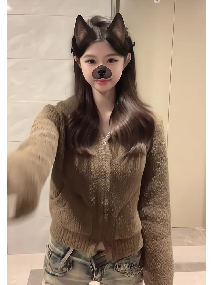 Кофейный цвет свитер на молнии с капюшоном кардиган женский осенне-зимний