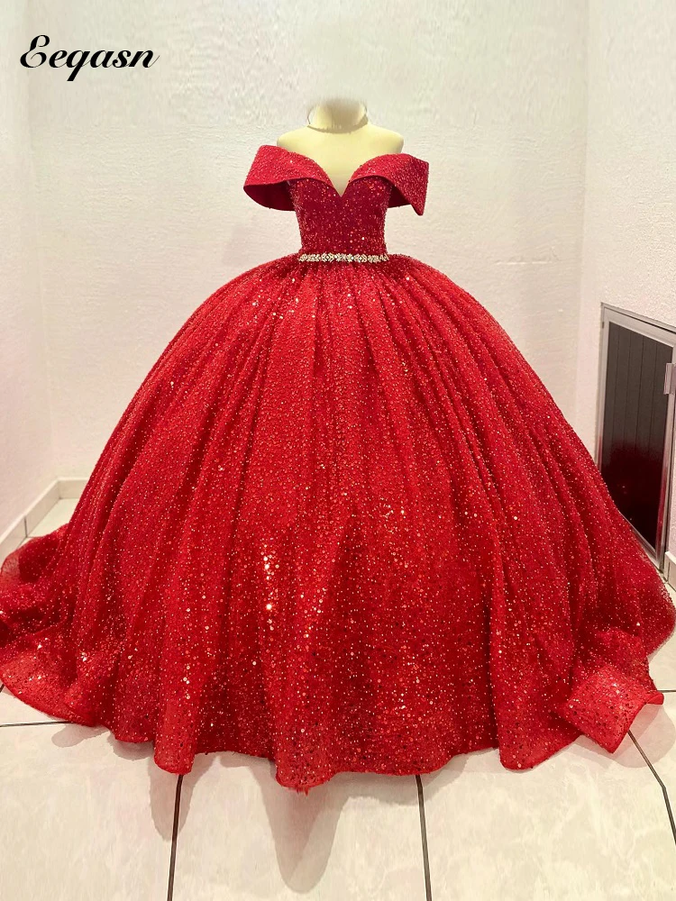 

Sparkly Red Quinceanera Dresses Elegant Off Shoulder Sequin Puffy Ball Gown Prom Dress Long Train Sweet 15 16 Party Dress