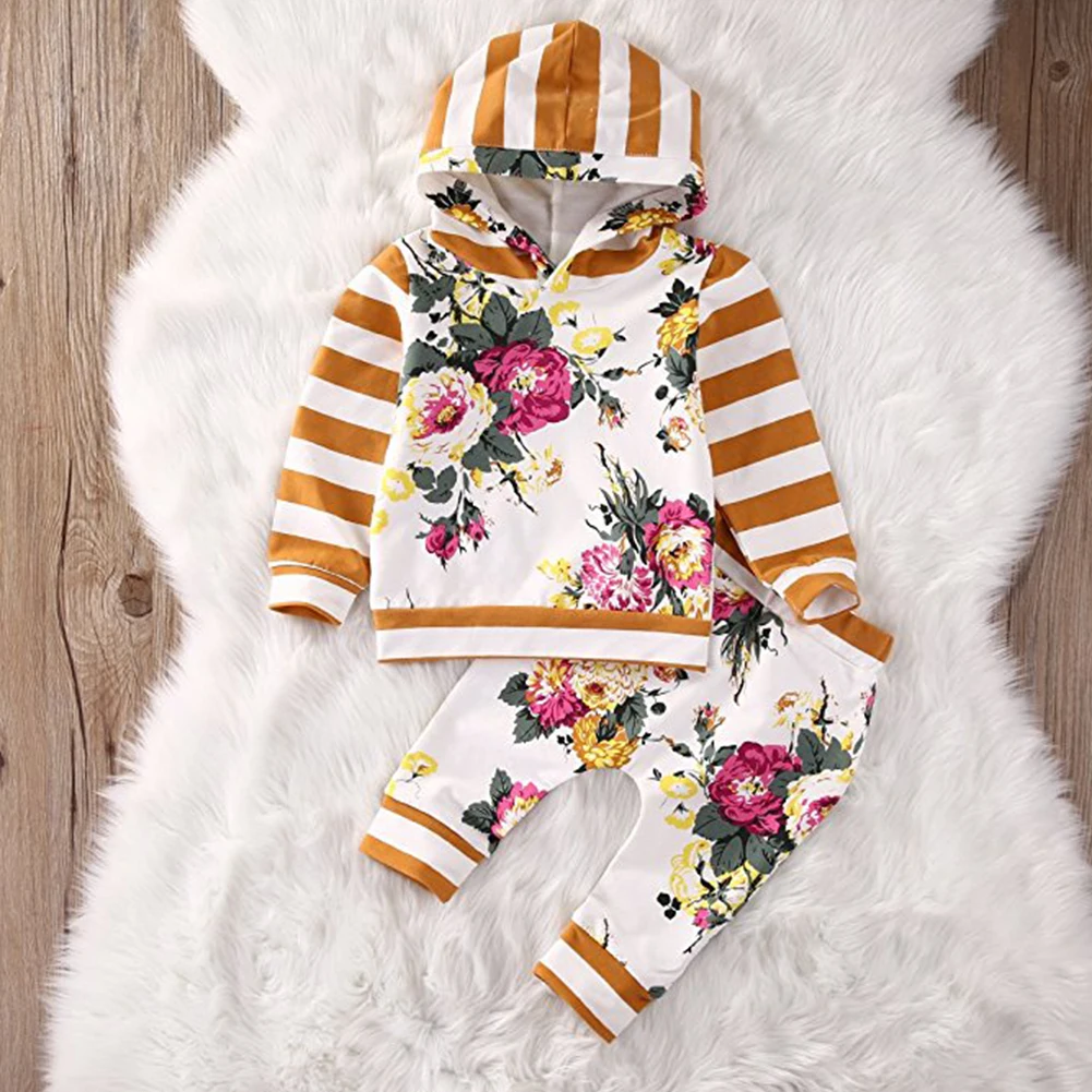 

Осенний комплект одежды для детей 0-24 месяцев, одежда для мальчиков и девочек, полосатая Толстовка с длинным рукавом и капюшоном, топы, штаны ...