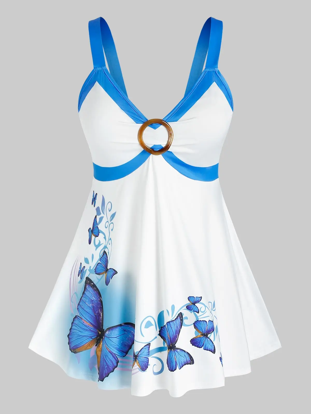 

ROSEGAL Summer Tops Butterfly Print O Ring Tanks New Sexy Off Shoulder Women's Vest Empire Waist V-Neck Sleeveless Camisole 5XL