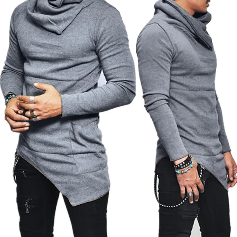 Осенний свитшот с высоким воротником мужские толстовки асимметричным подолом и