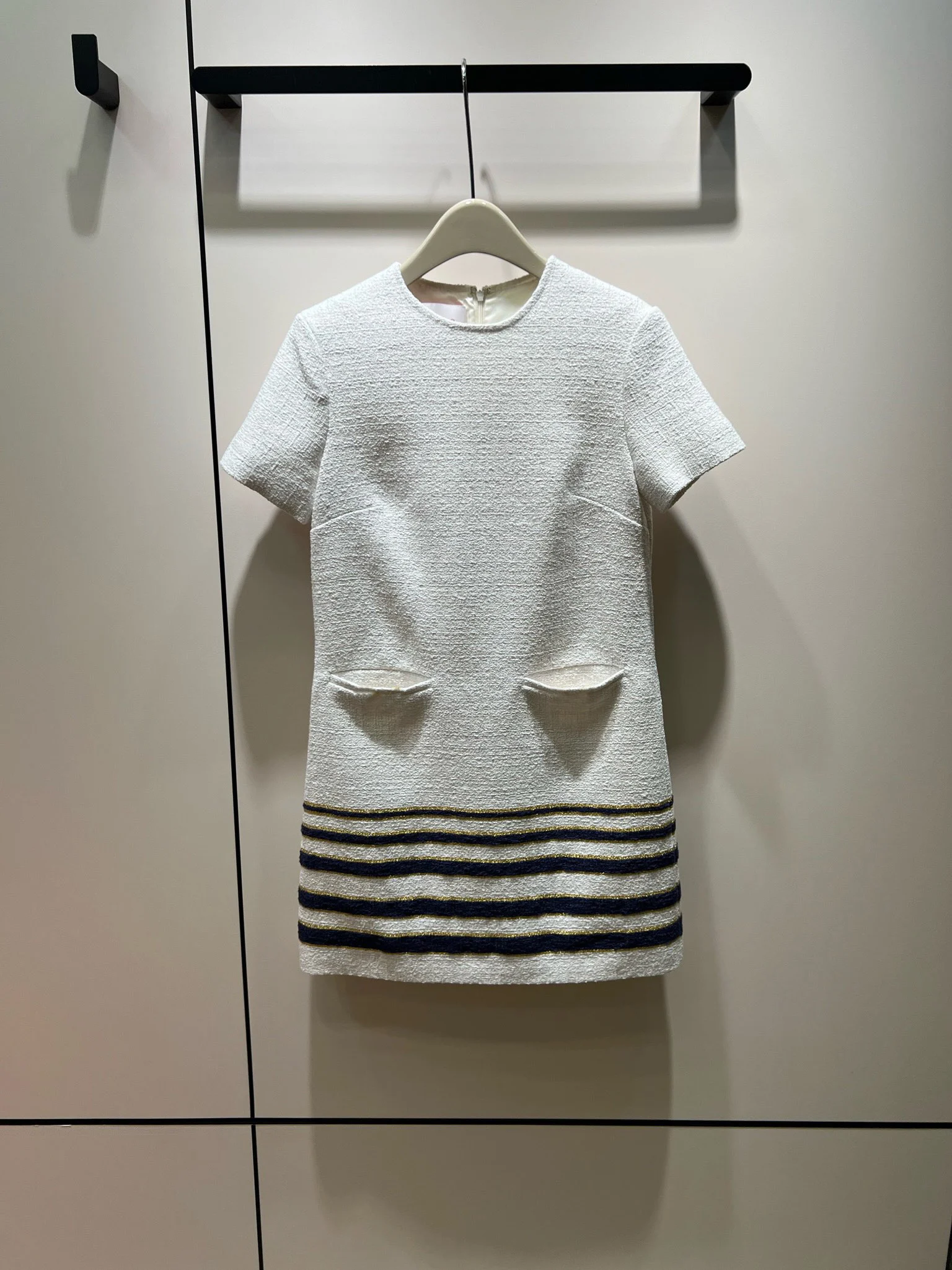 White dark blue and gold striped short-sleeved dress714