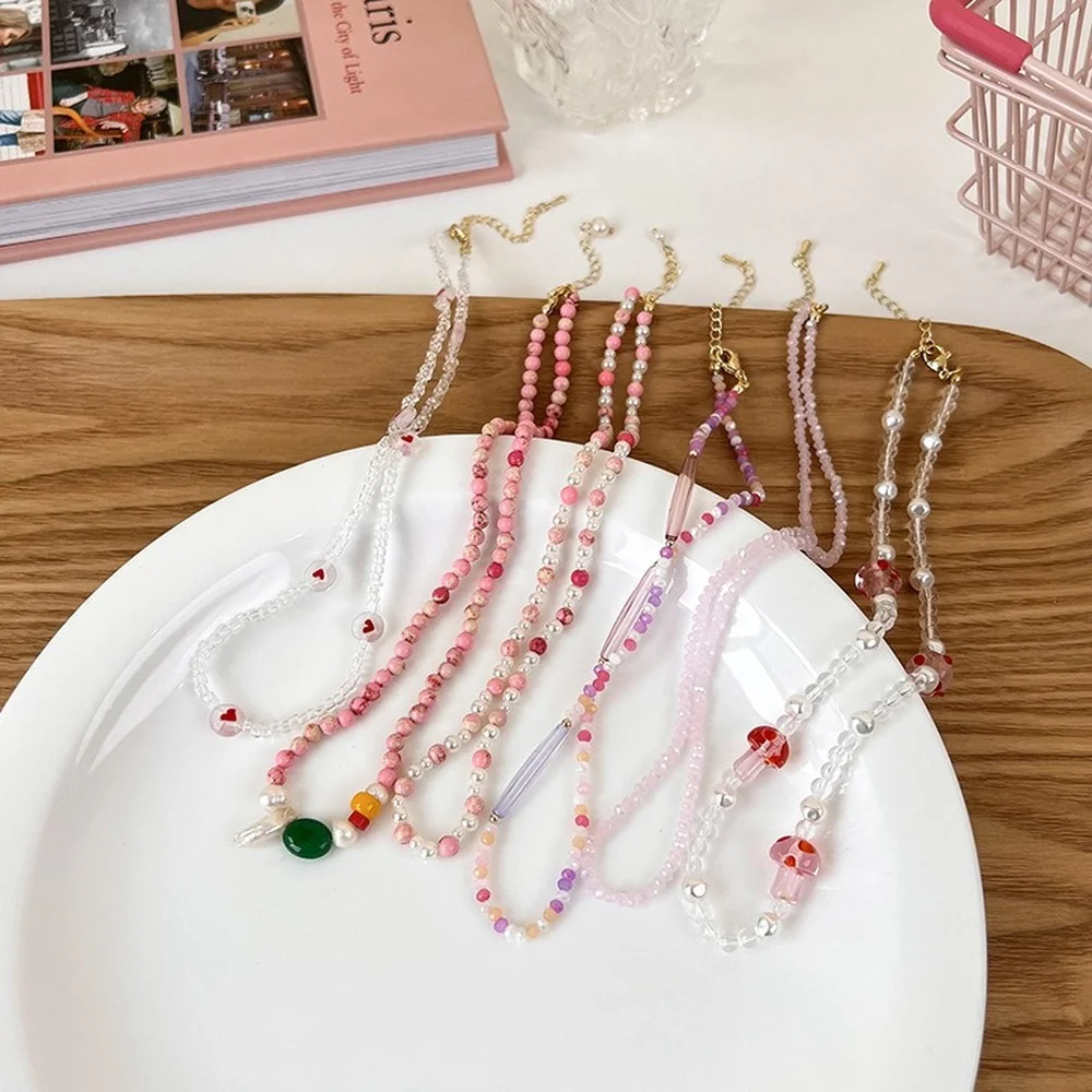 

U-Magical Sweet Pink Imitation Pearl Beaded Flower Heart Chokers Necklace for Women Heart Butterfly Mushroom Necklace Jewelry