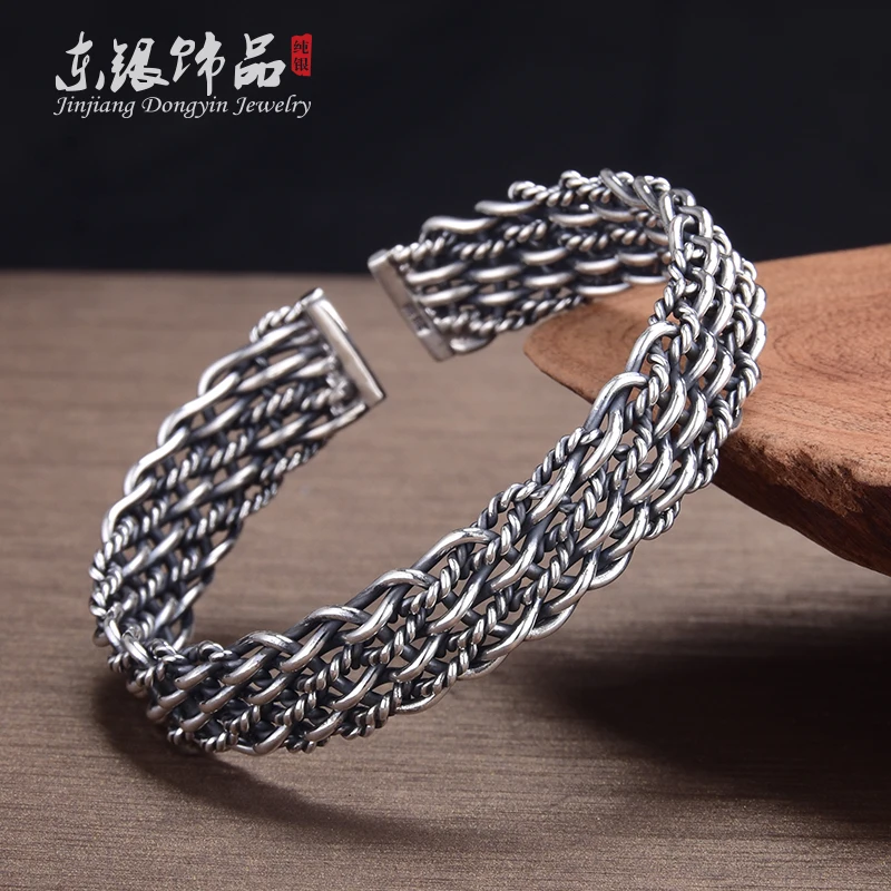 Pure silver 999 retro ethnic style simple and versatile personality open couple models twist braided intertwined bracelet