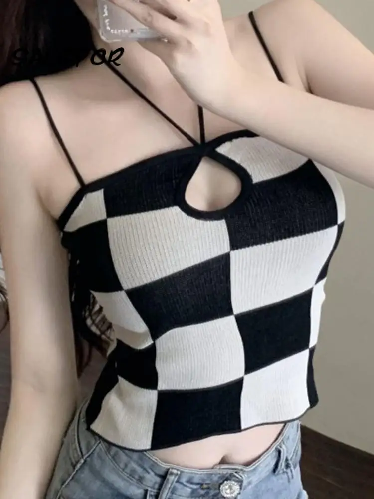 

SALSPOR Crop Top for Women Checkerboard Bump Colors Halterneck Sling Openwork Knitting Top Summer One Word Collar Tank Top Women