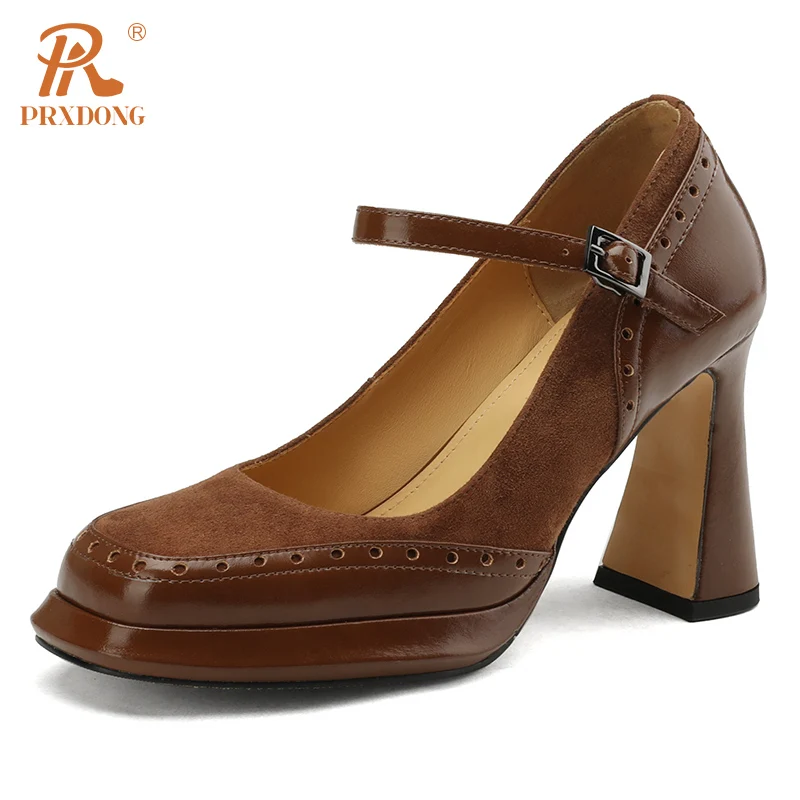 

PRXDONG Women's Shoes 2023 New Spring Summer High Heels Square Toe Genuine Leather Retro Dress Party Mary Janes Pumps Size 34-39