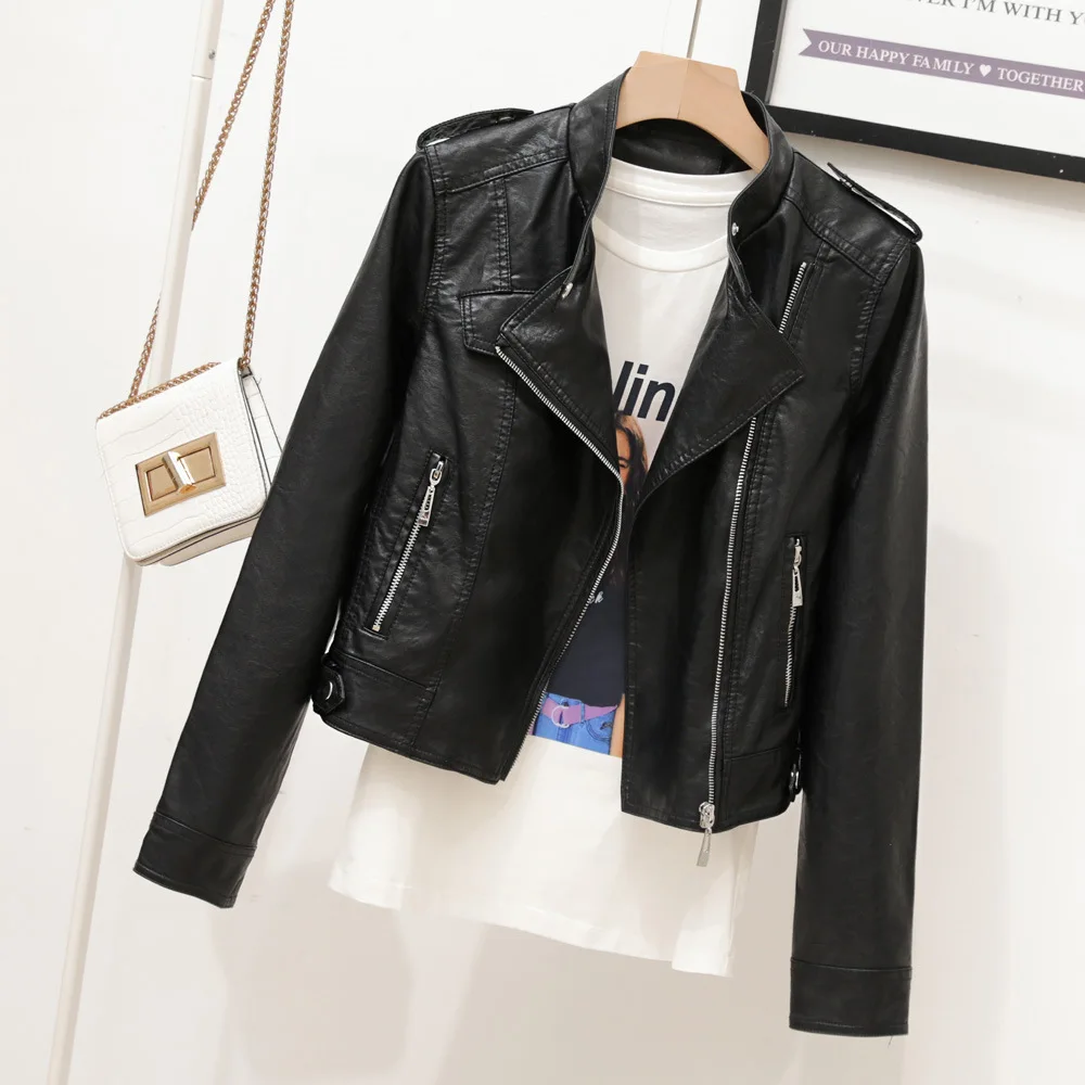 2023 new stand-up collar handsome motorcycle leather jacket epaulette coat short slim-fit Korean version of small leathe