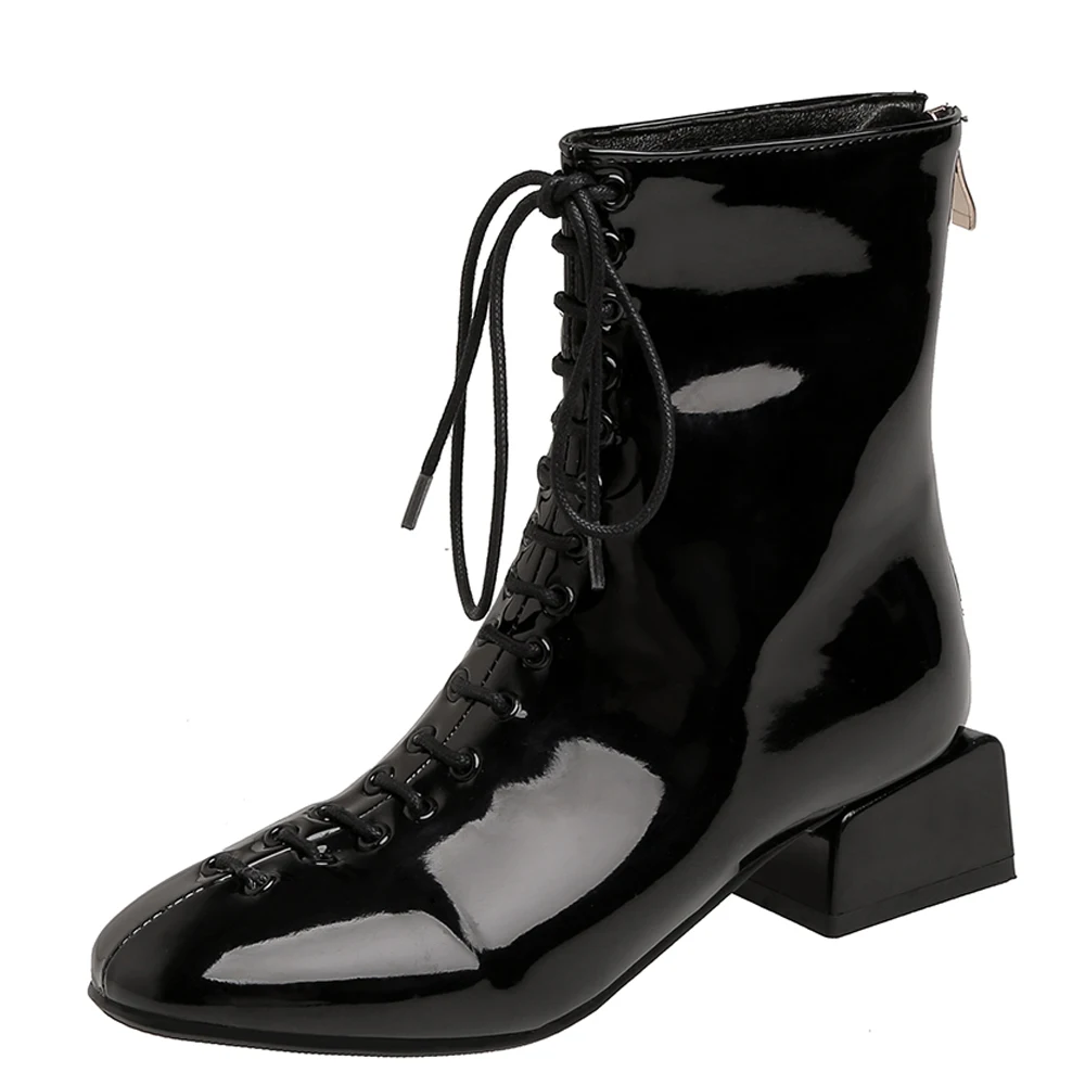 

ENMAYER Round Head Square Heel Ankle Boots Back Zipper Flat Round Toe Snake Print T-Tied Rider Boots Winter Women's Shoes