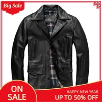 2021 black genuine leather jacket men casual style plus size 5xl real natural horsehide autumn slim fit pea coat