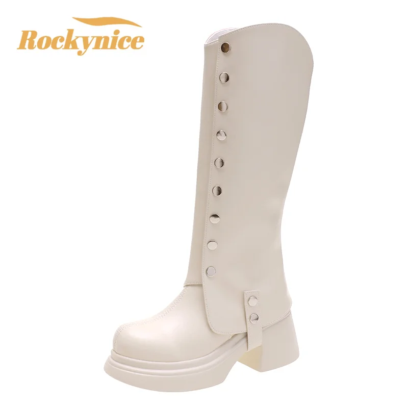

Women Long Boots 2023 Autumn Winter Knee High Boots Thick Sole Leather Punk Booties Ladies Platform 7.5CM High Heels Botas Mujer