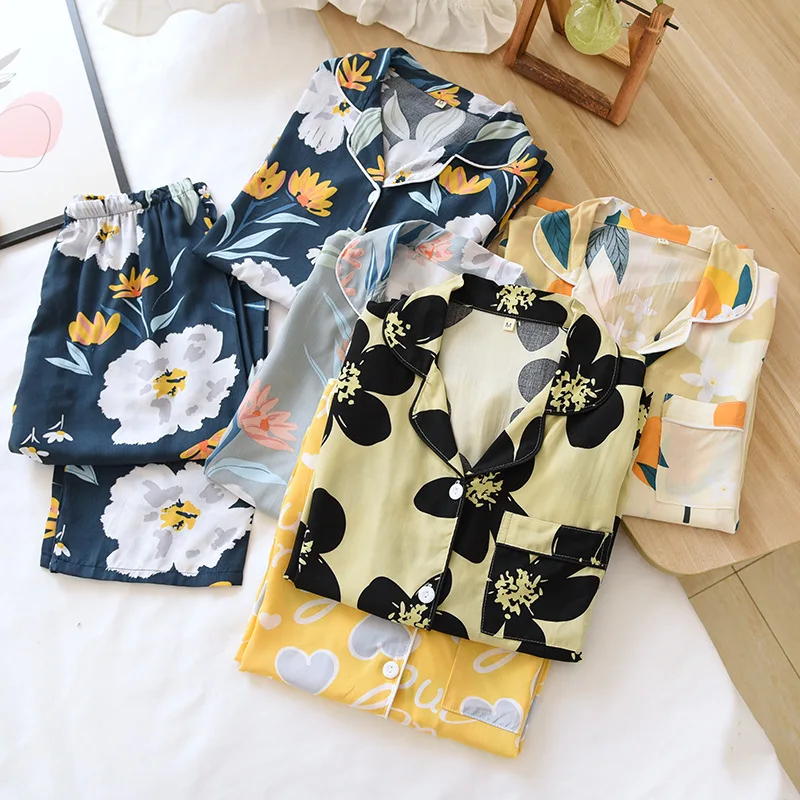 Homewear Pajamas Suit Women Viscose Bedgown Large Size Floral Summer Lapel Thin Smooth Soft Long-sleeved Trousers Home Service