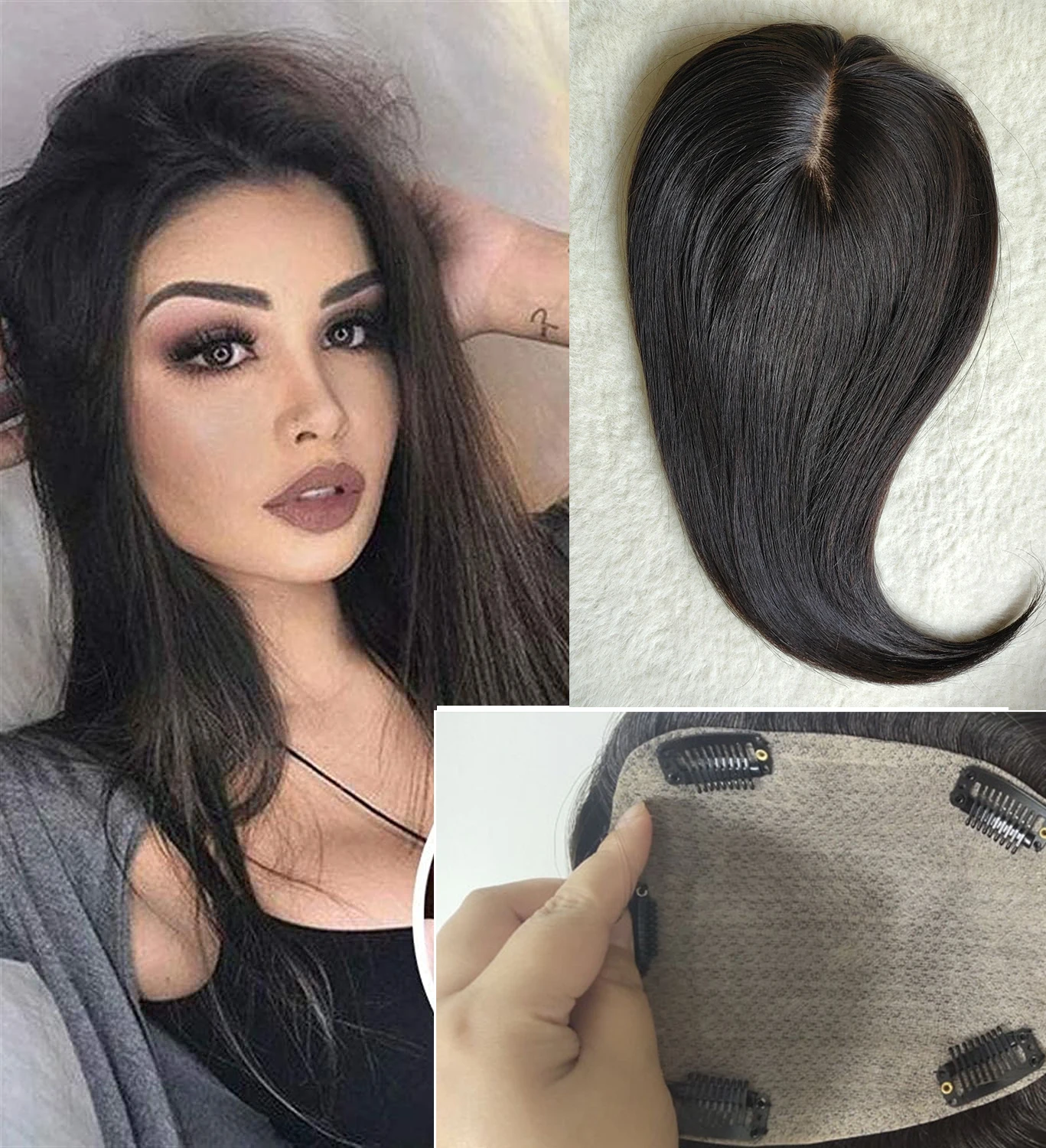 16x18cm Silk Skin Base Topper Women Toupee Brazilian Virgin Human Hair Piece with Clips Ins Natural Color Scalp Free Parting