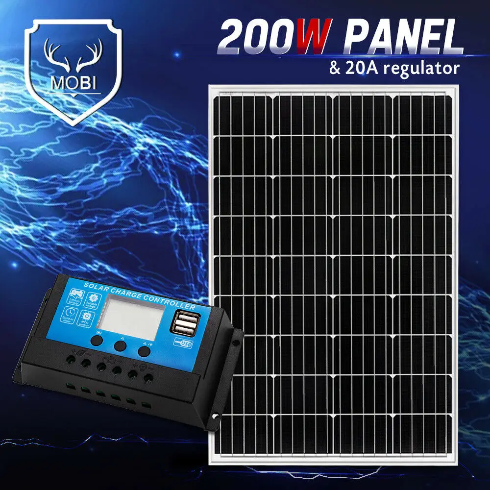 

MOBI 200W Solar Panel Mono Cell With 20A 12V 24V PWM Regulator Dual USB