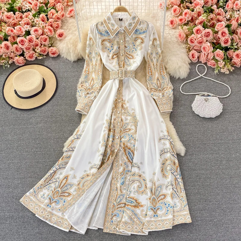 

Aibeautyer New Spring Autumn Women Slim Lapel Single Breasted Long Sleeve Vintage Court Style Printed Bubble Sleeve Waist Dress