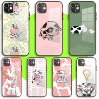 liquid tempered glass case for iphone 13 11 12 mini pro max xs xr x 7 8 6 plus se2 silicone cover cow and bison couple cartoon
