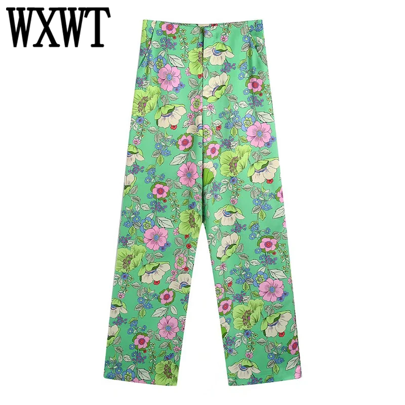 

WXWT Women Vintage Floral Print Straight Pants High Waist Zipper Long Pants Female Fashion Loose Trousers BB22163