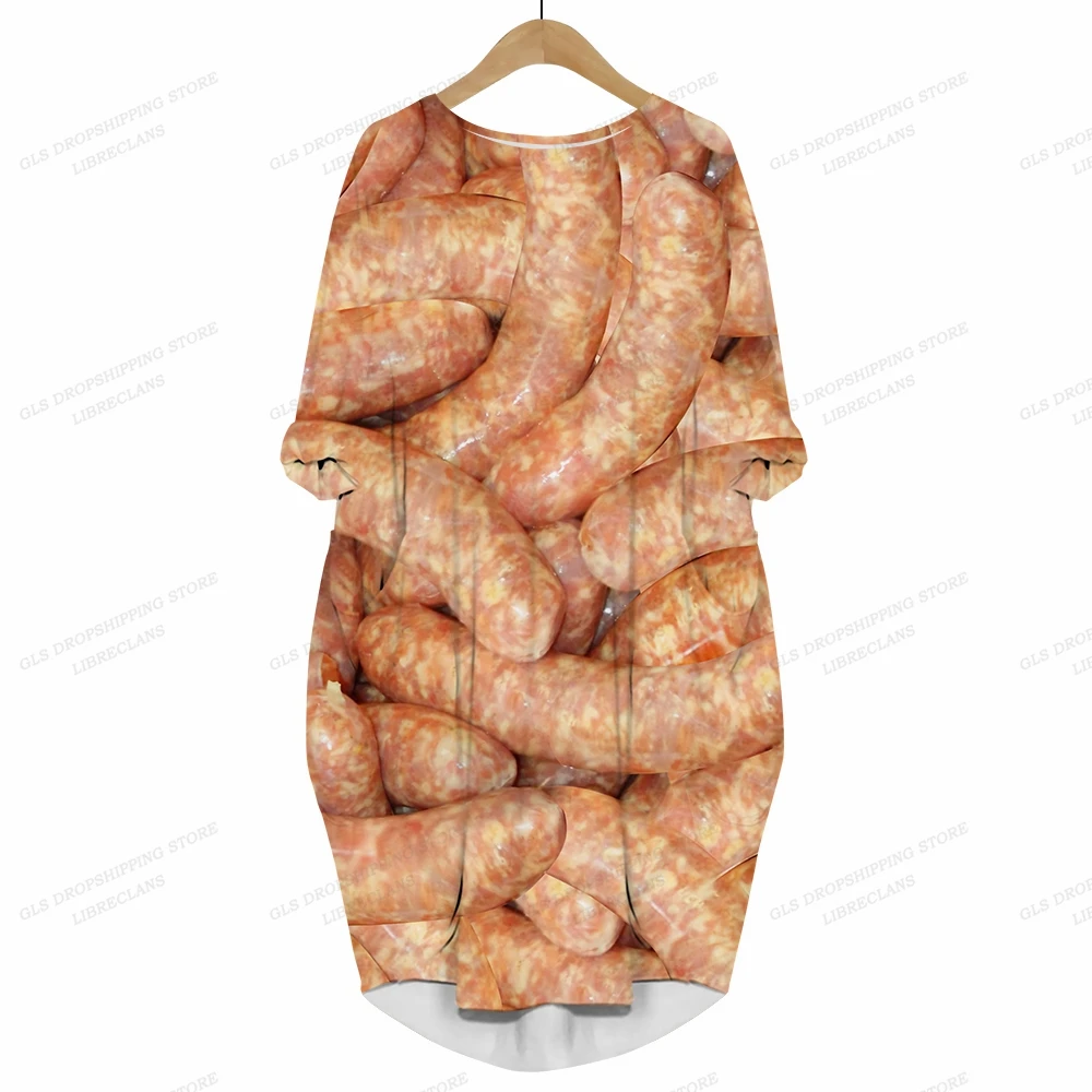 

Funny Food Sausage Print Dress Women Fashion Summer Bohemian Beach Dress Evening Party Long Sleeve Dresses Midi Elegant Sexy
