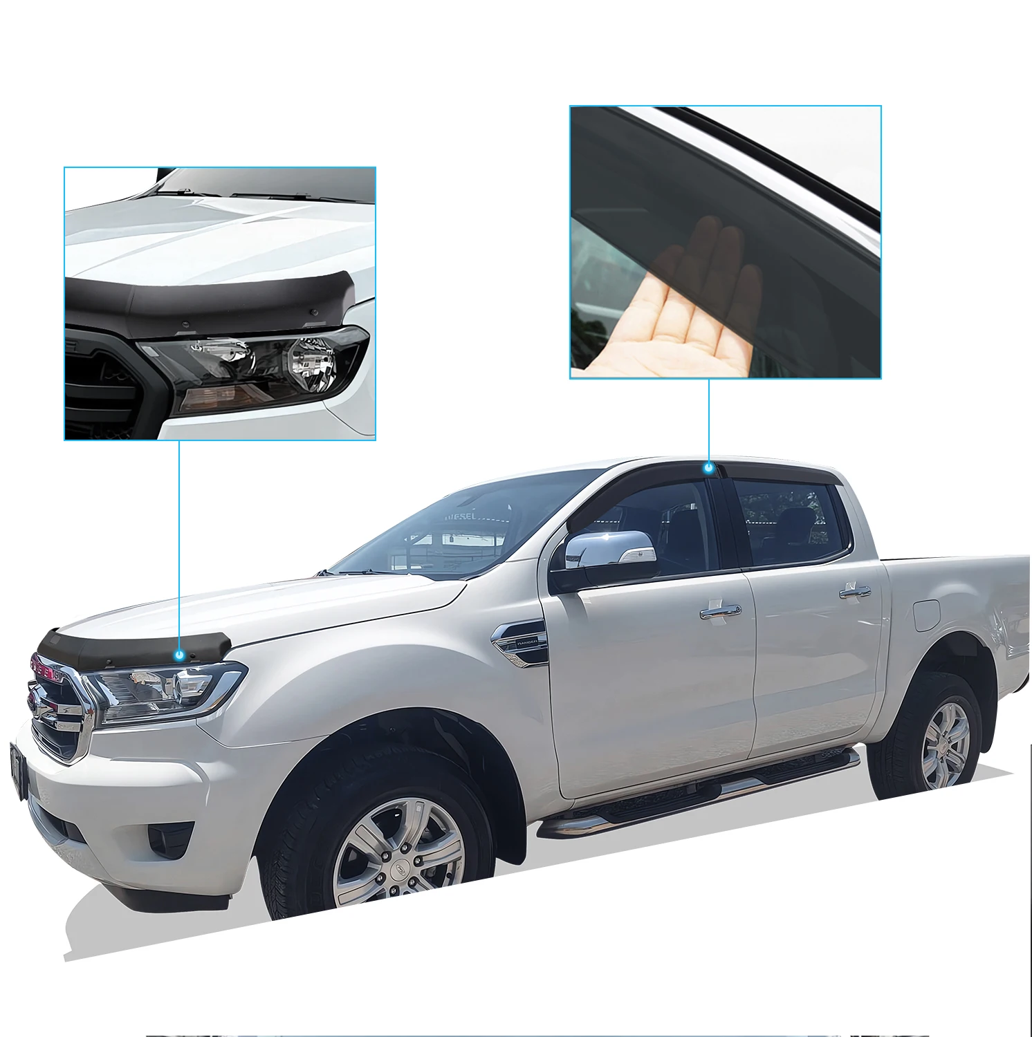 Набор ветровых щитков для оконного козырька + комплект защиты капота Ford Ranger T7 T8