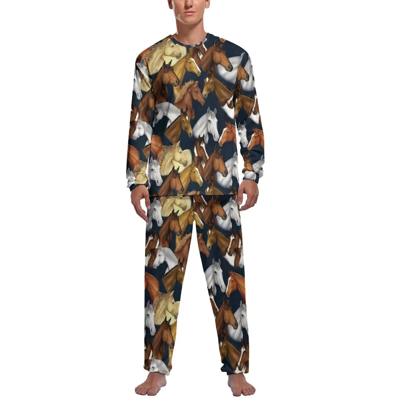 Cool Hourse Pajamas Wild Animal Print Men Long Sleeve Elegant Pajama Sets 2 Pieces Sleep Autumn Graphic Nightwear Gift Idea