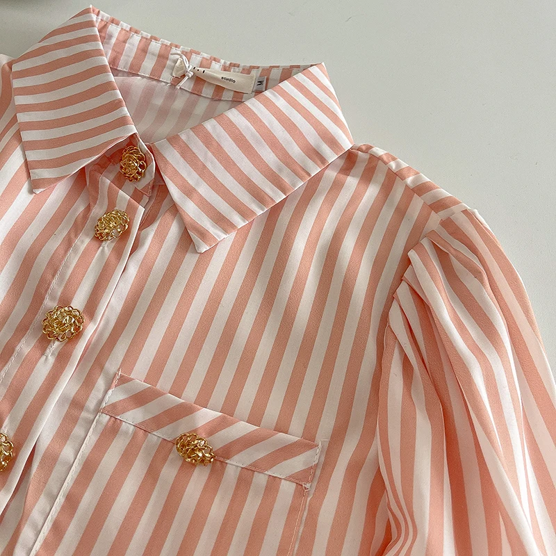 Блузка женская однобортная в полоску мягкая винтажная рубашка с отложным