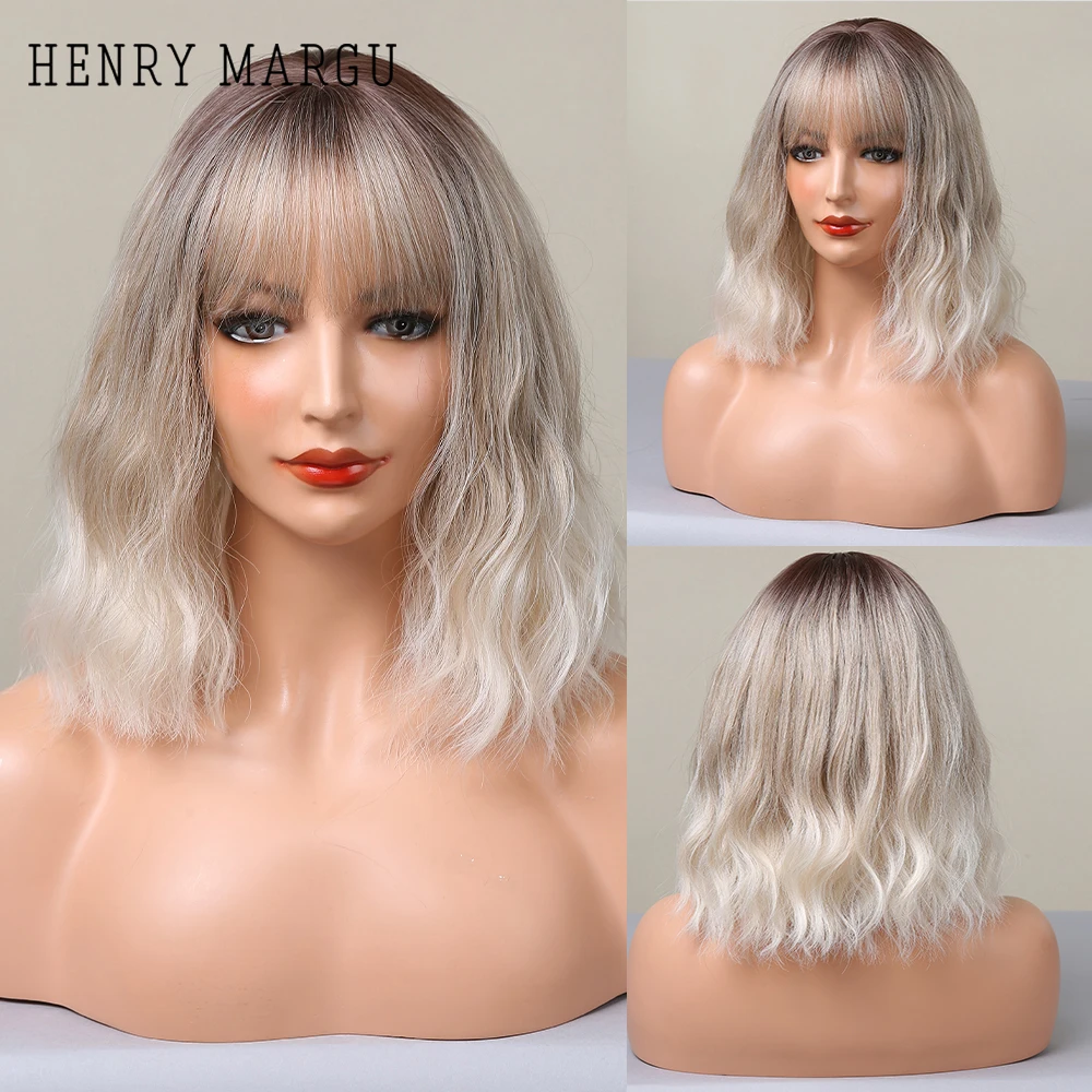 

HENRY MARGU Short Wavy Bob Synthetic Wigs with Bangs Brown to Platinum Blonde Ombre Wigs for White Women Cosplay Heat Resistant