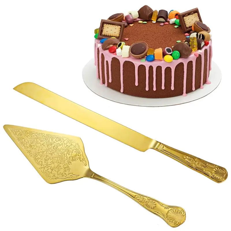 2Pcs Gold Cutlery Stainless Steel Cake Knife Long Handle Shovel Luxury Royal Cake Pizza Dessert Kitchen Tool Kitchen Tableware
