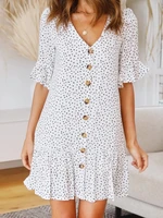 elegant fashion female 2022 summer new ladies dress short sleeve v neck button dot print splicing hot sale large swing dress