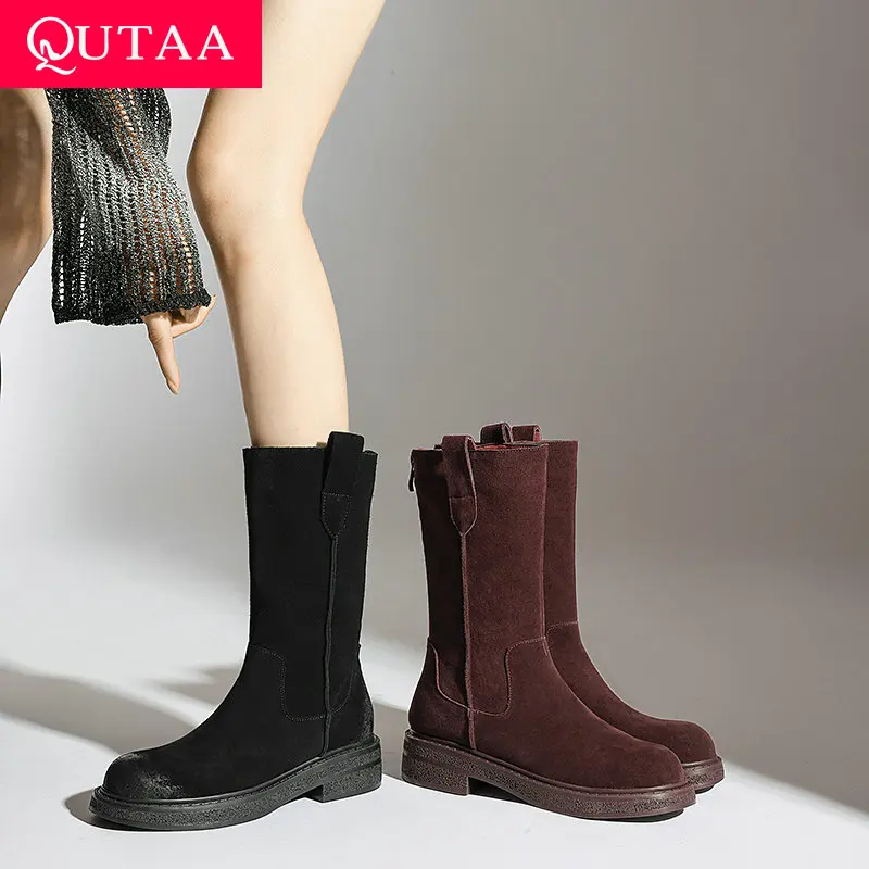 QUTAA 2025 модные женские высокие сапоги до середины икры с круглым носком из
