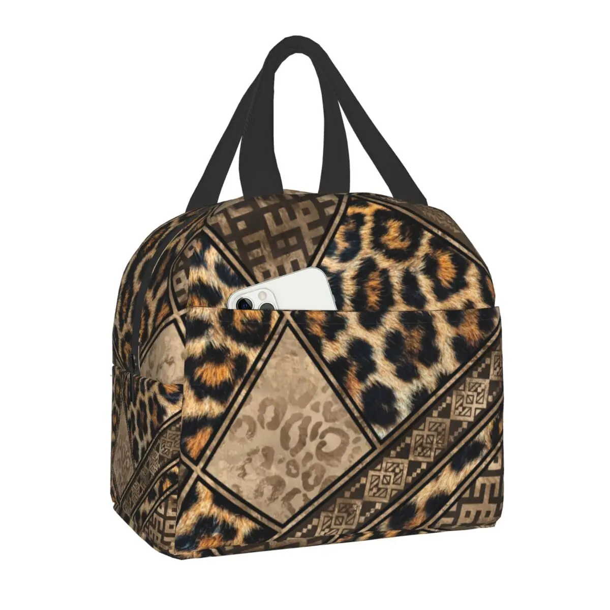 

Ethnic Geometric Leopard Print Insulated Lunch Bag for Women Kids School Animal Skin Cooler Thermal Lunch Tote Camping Travel