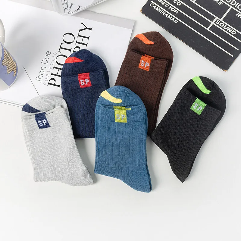 5Pair Fashion Solid Color Cotton Socks Autumn Winter Men's Middle Tube Socks Casual Crew Socks Elastic Students Socks
