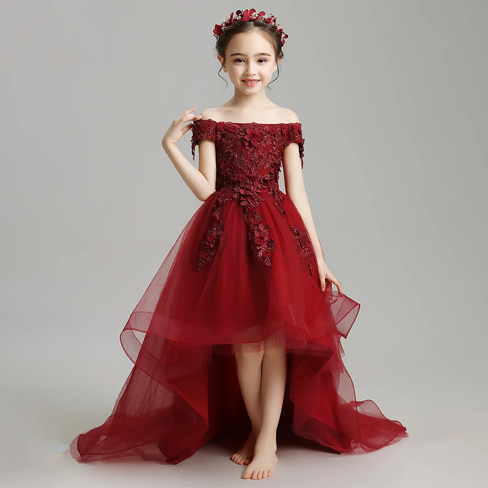 

Red Court Train Flower Girl Dresses for Wedding Off the Shoulder Appliques Beading Lace Up Hi-Lo Puffy Tulle Kids Pageant Dress