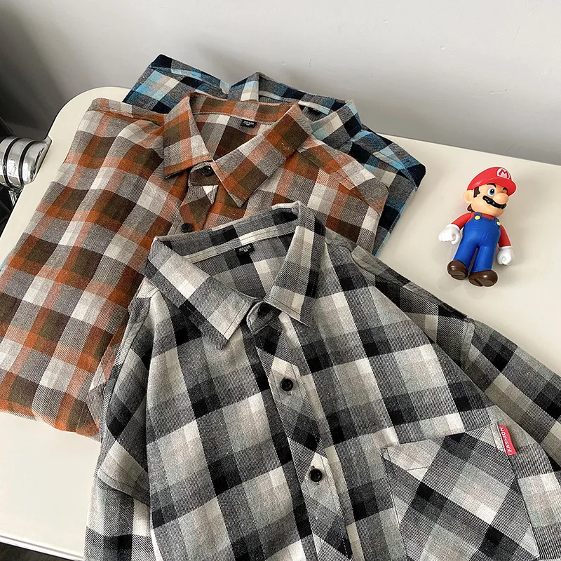 High Quality Plaid Shirt Men Cotton Long Sleeve Loose Harajuku Streetwear Lannel Vintage Shirts Korean Casual Retro Blouses Man