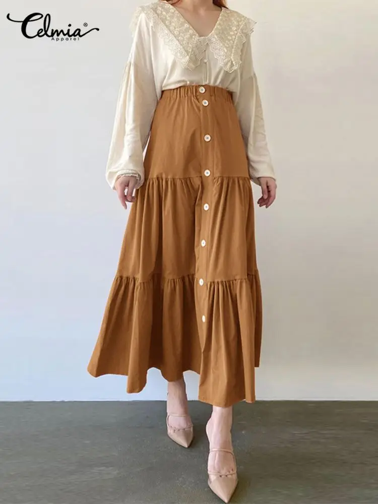 

Celmia Women High Waist Maxi Skirts OL Solid Color Femme Fashion Long Skirt Casual Stitching Pleats Elegant Buttons Jupes