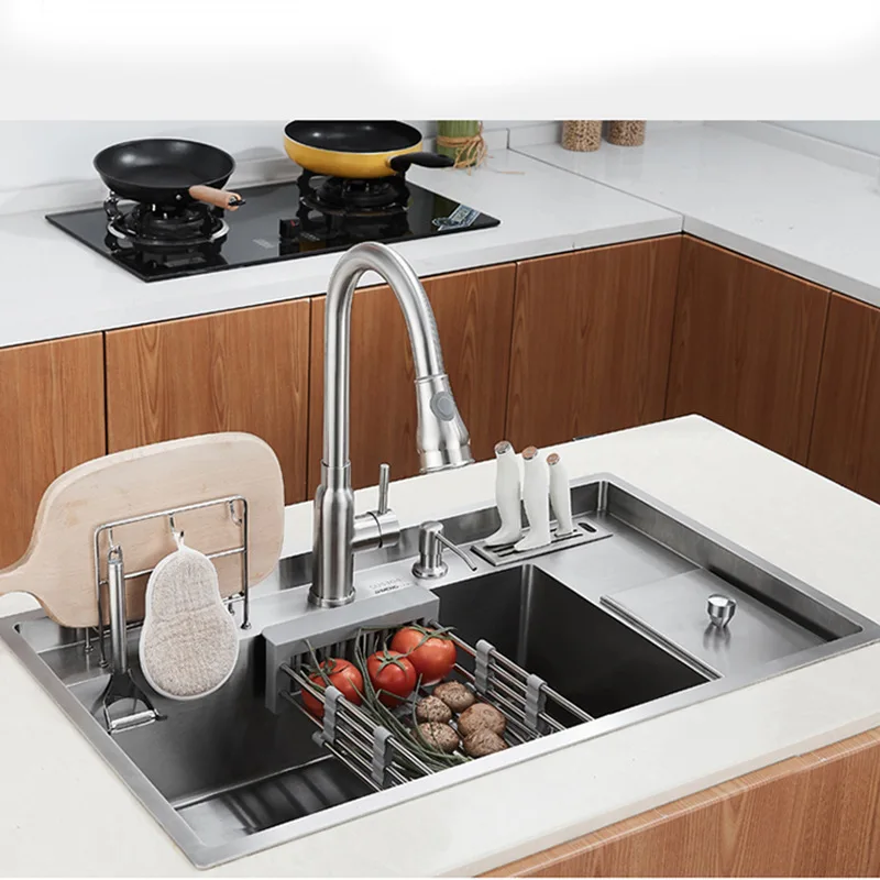 

Kitchen Sink Multi-function Undercounter Basin With Trash Can Nano Silver 304 Stainless Steel Sink 82x48CM