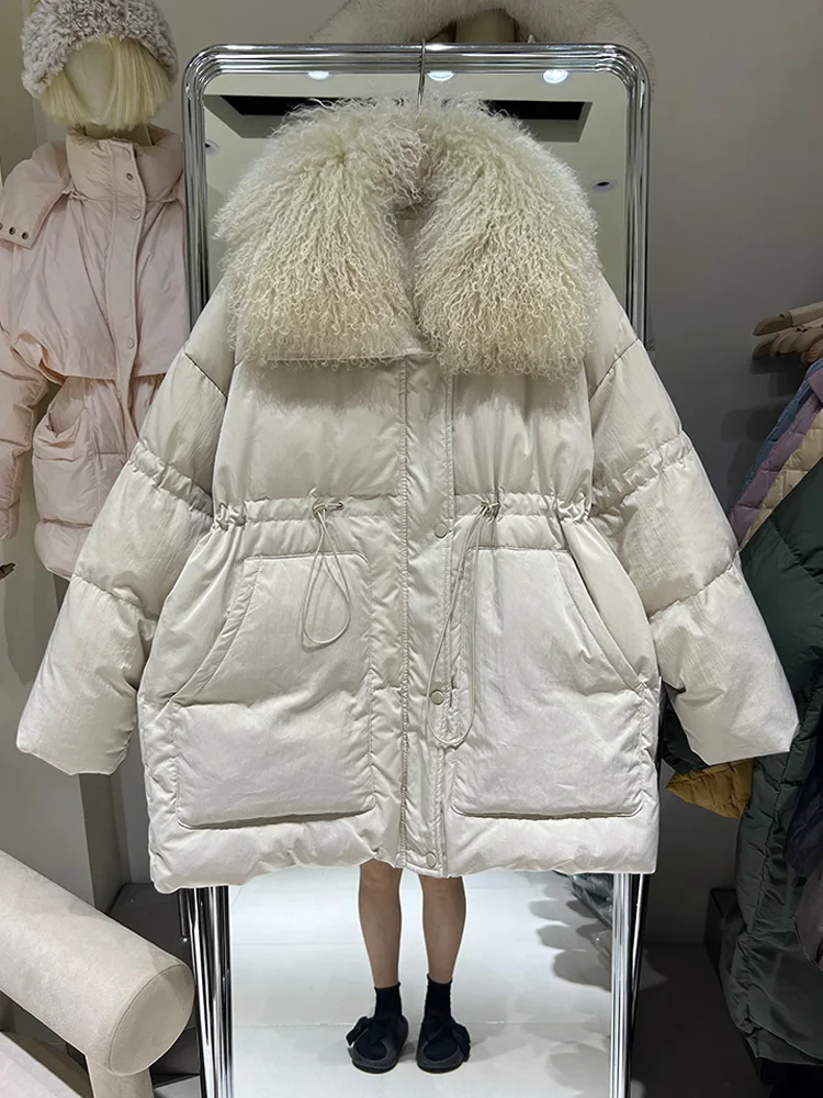 

Janveny Large Real Lamb Wool Collar Feather Puffer Jacket Women 90% Duck Down Coat Hight Waist Female Thick Parkas Snow Outwear