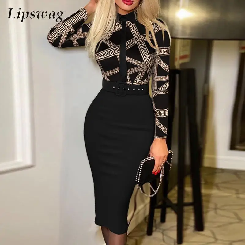 

Lady Elegant Long Sleeve Slim Bodycon Dress Women Casual Patchwork Belted Office Dress Fashion Geometry Print Lapel Mid Dresses