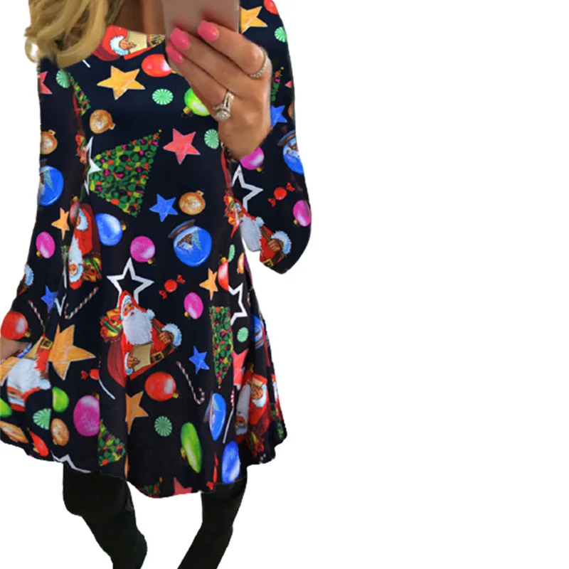

Winter Christmas Dresses Women 50S 60S Vintage Robe Party Dress Long Sleeve Casual Tree Snowman Print Mini Dress Oversize 5XL