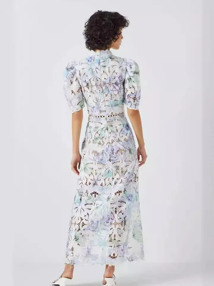 Женское длинное кружевное платье с воротником-стойкой и рукавами-фонариками