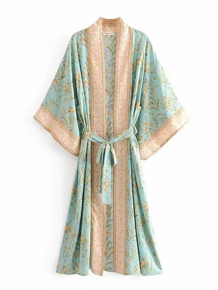 

Fitshinling Print Floral Beach Kimono Swimwear With Sashes Cotton Slim Bohemian Holiday Long Cardigan Sexy Green Cover-Up Sale