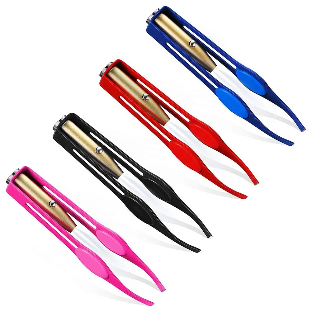 

4 Pcs LED Tweezers Stainless Steel Tweezers with LED Light Makeup LED Light Eyelashes Eyebrow Hair Removal Illuminated Tweezers